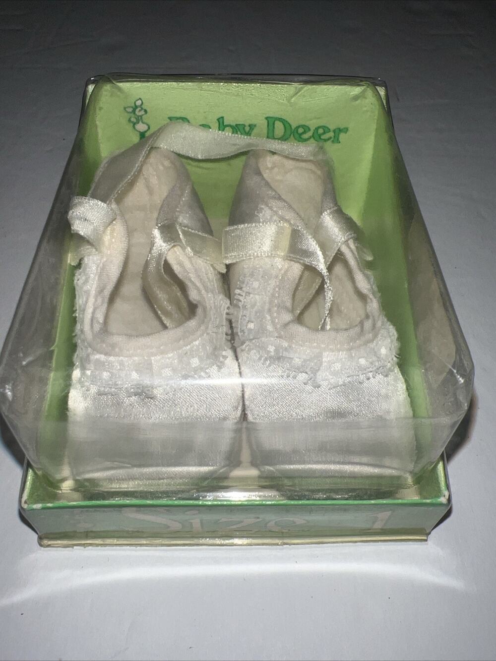 Vintage Baby Deer White Satin Crib Shoes with Box Size 1 80s 70s Soft Sole